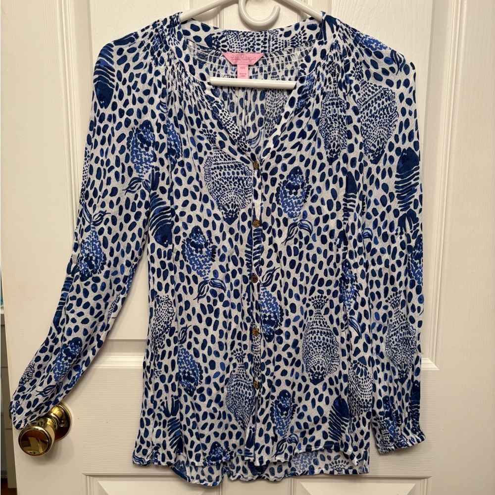 Lilly Pulitzer Blue and White Animal Print Blouse